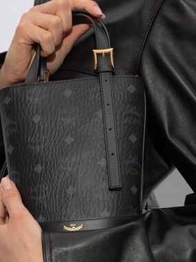 MCM Black Monogram Pebbled Leather Mini Bucket Bag with Gold Hardware